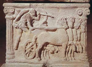 Detail of a Quadriga from a Sarcophagus, Man with a Calf